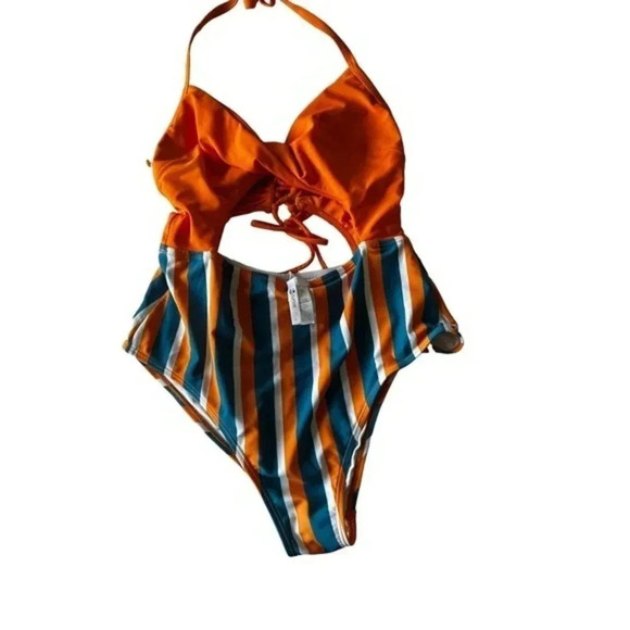 Cupshe Kylie Halter Lace Up Twist One Piece Swimsuit Size L orange blue stripe - Picture 3 of 6
